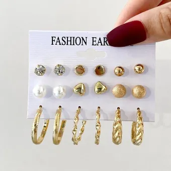 Crystal Pearl Golden Hoop Earrings Set (9 pairs)